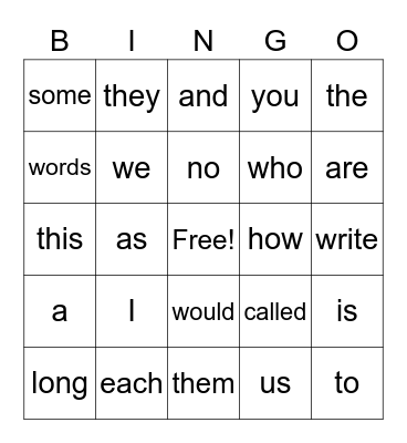 Sight Words Bingo Card