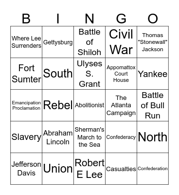American Civil War Bingo Card