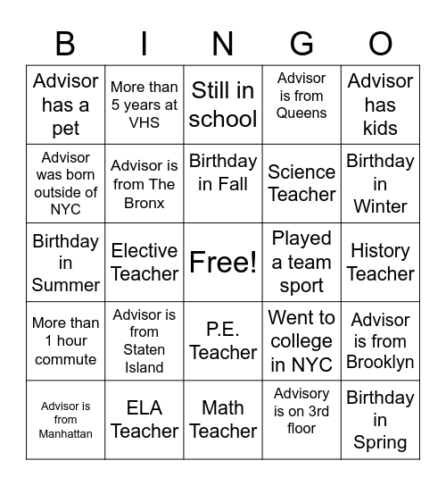 Advisor Bingo Card