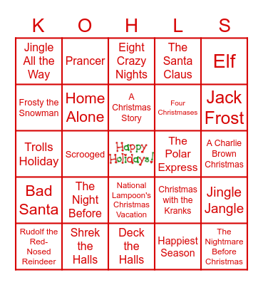 Kid's Category Holiday Movie Bingo!!! Bingo Card