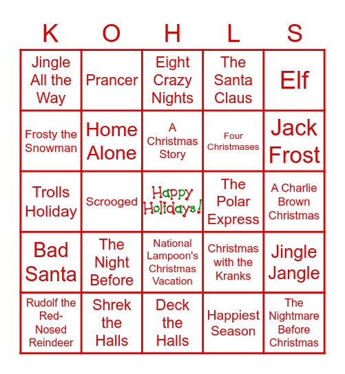 Kid's Category Holiday Movie Bingo!!! Bingo Card