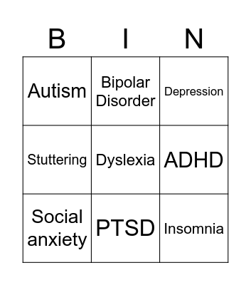 Mental Disorders Bingo Card