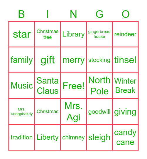 Second Grade Holiday Bingo 2022 Bingo Card