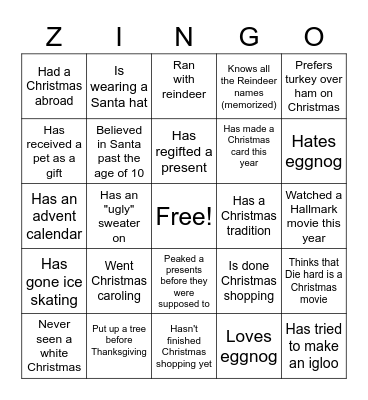 Zillennials Christmas Bingo Card