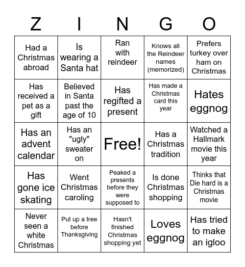 Zillennials Christmas Bingo Card