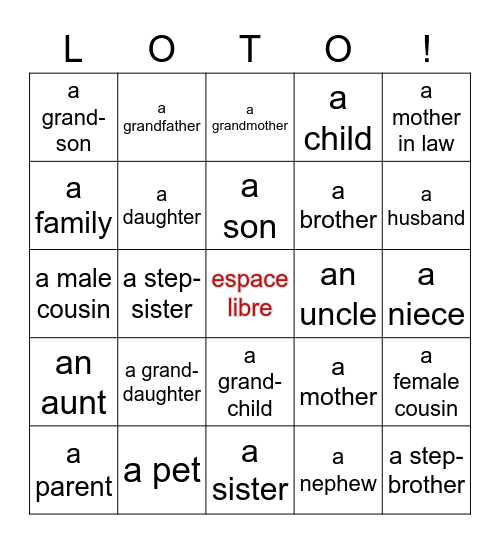 les membres de la famille Bingo Card