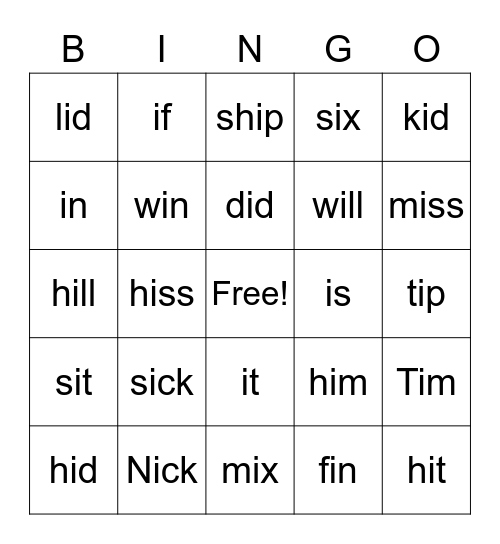 i words Bingo Card