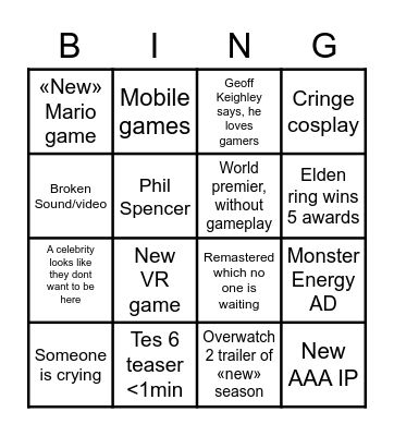 The game awards 2022 Bingo Card