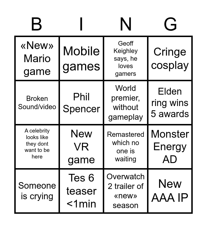 The game awards 2022 Bingo Card