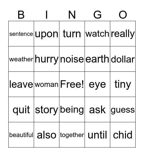 2B Tricky Words Bingo Set 1 Bingo Card
