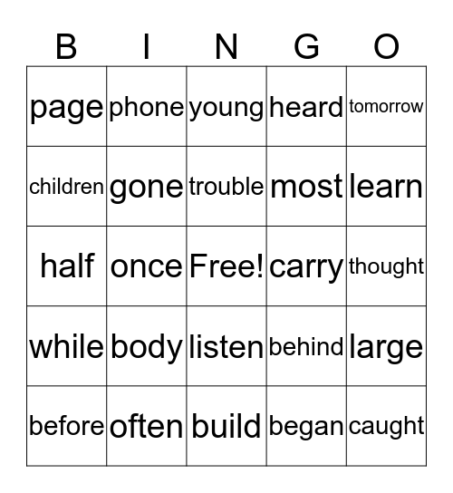 2B Tricky Words Bingo Set 2 Bingo Card