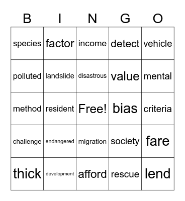 Comprehensive bingo Card
