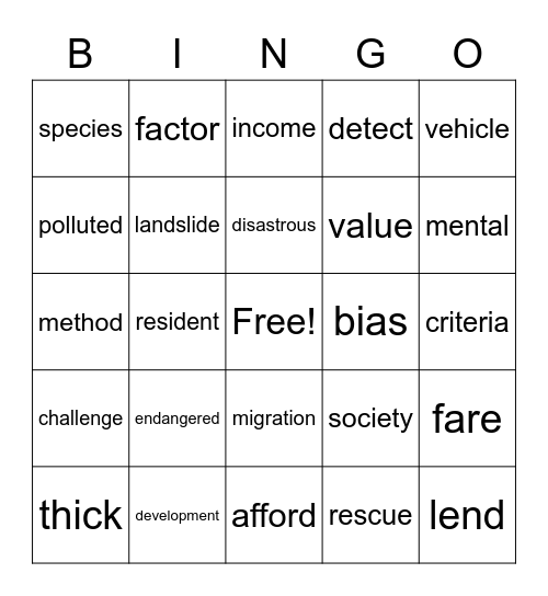 Comprehensive bingo Card