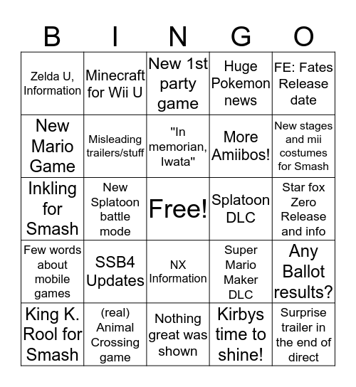 Nintendo Direct Bingo Card