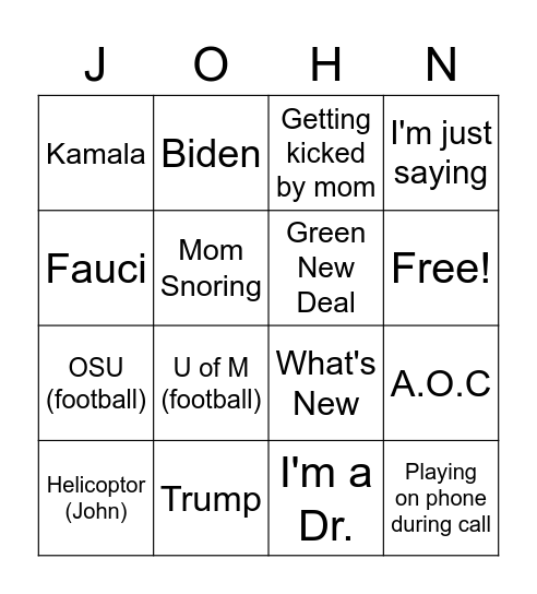 Dad Sayings Bingo Card