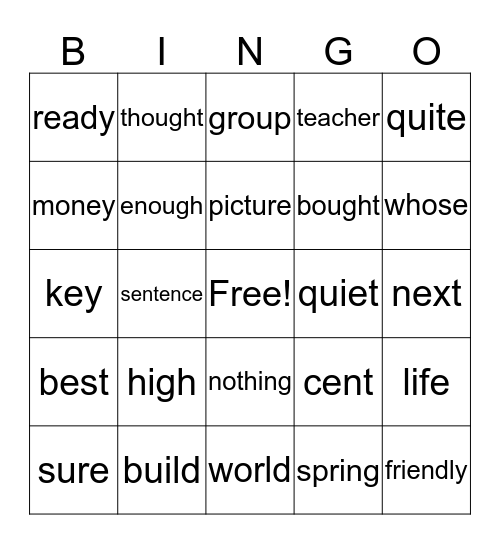 2B Tricky Words Bingo Set 4 Bingo Card
