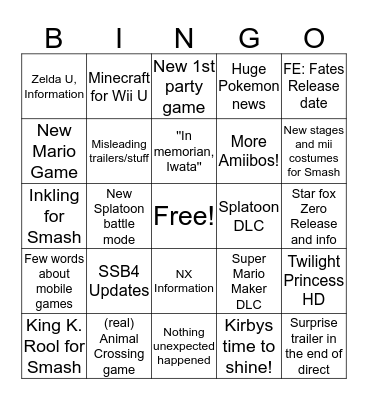 Nintendo Direct Bingo Card