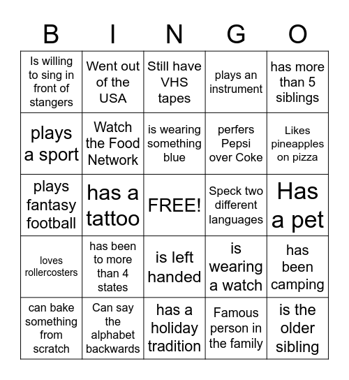 Get to Know Me Bingo Card