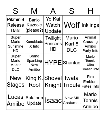 Nintendo Direct Bingo Card