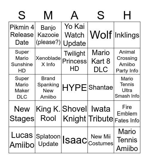 Nintendo Direct Bingo Card