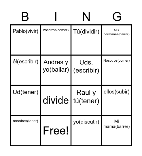 Conjugation Bingo Card