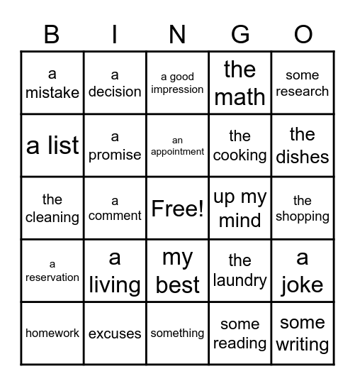 Make / Do expressions Bingo Card