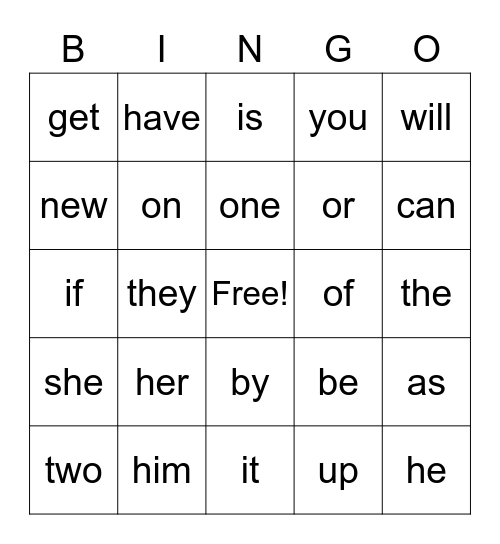 Sight Words #2 Bingo Card