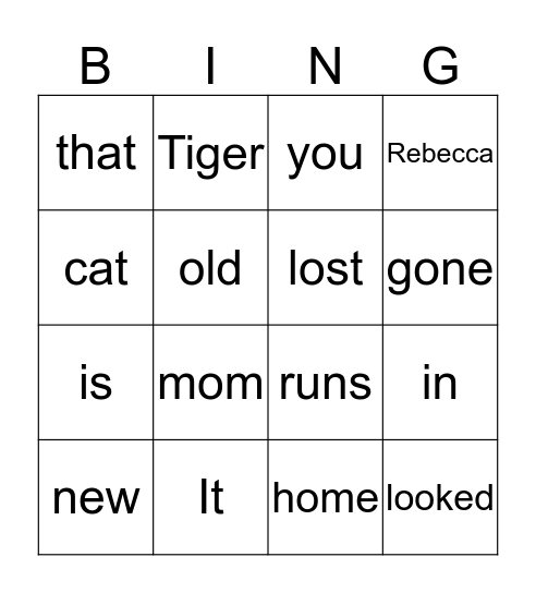 Tiger Runs Away Bingo Card