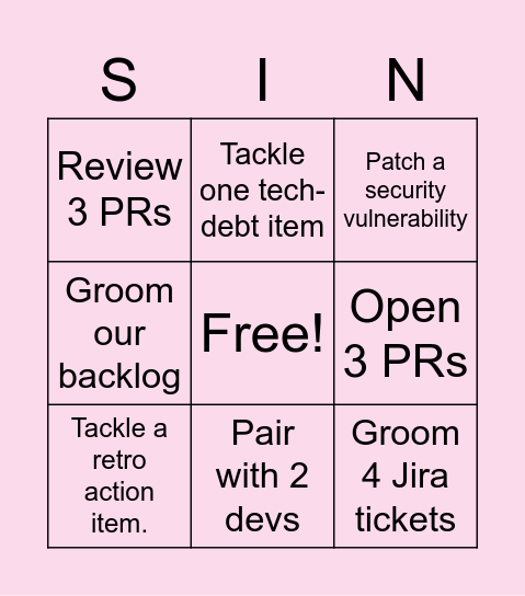 SINner BINGO Card