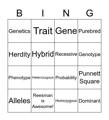 Heredity Vocabulary Bingo Card