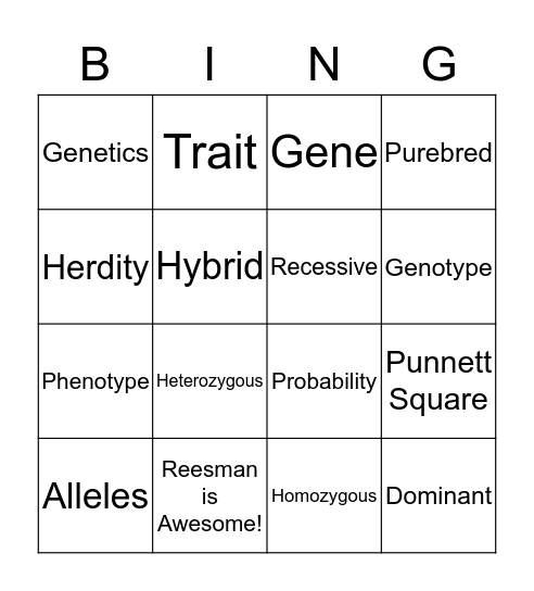 Heredity Vocabulary Bingo Card