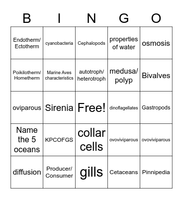 Marine Bio Semester 1 Bingo Card
