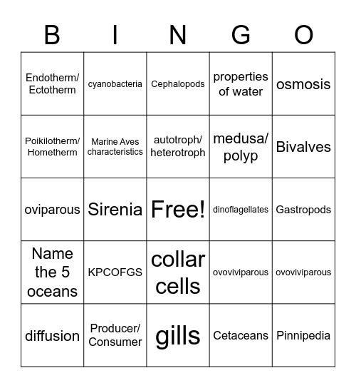 Marine Bio Semester 1 Bingo Card