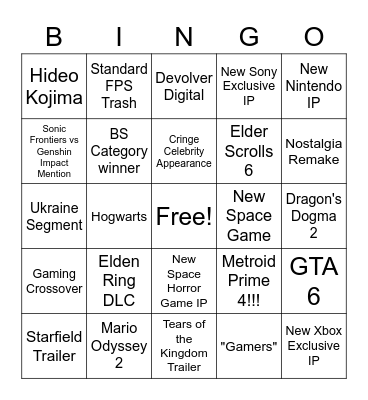 Game Awards 2022 Bingo Card