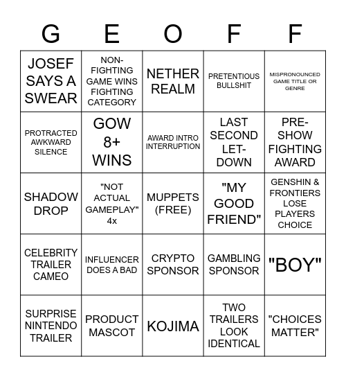 THE GAME AWARDS 2022 Bingo Card