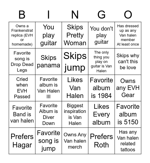 Van Halen Fan Bingo Card