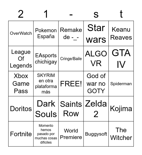 Bingo Game Awards 21st Bingo Card