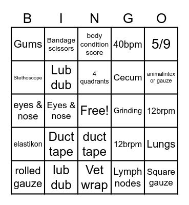 Veterinary Bingo Card