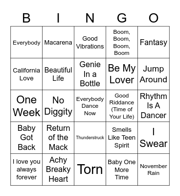 90s Music Bingo Card