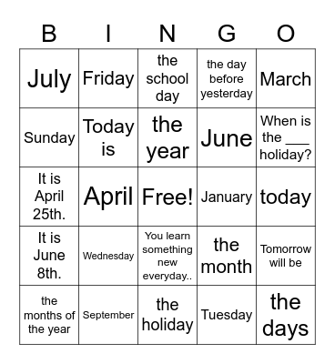 Days & Months Vocabulary (6th grade) Bingo Card