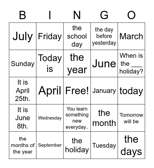 Days & Months Vocabulary (6th grade) Bingo Card