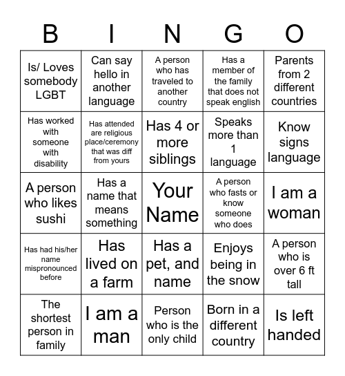 Diversity Bingo Card