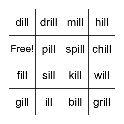 -ill word family Bingo Card