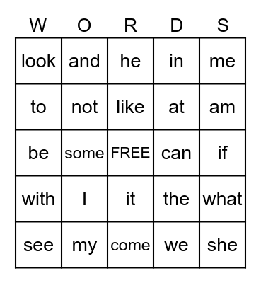 Sight Words Bingo Card