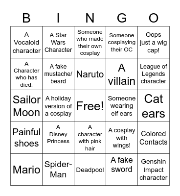 Cosplay Bingo Card