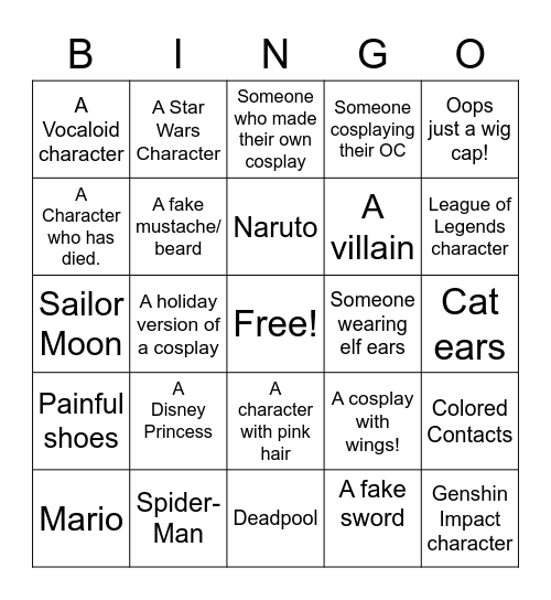 Cosplay Bingo Card