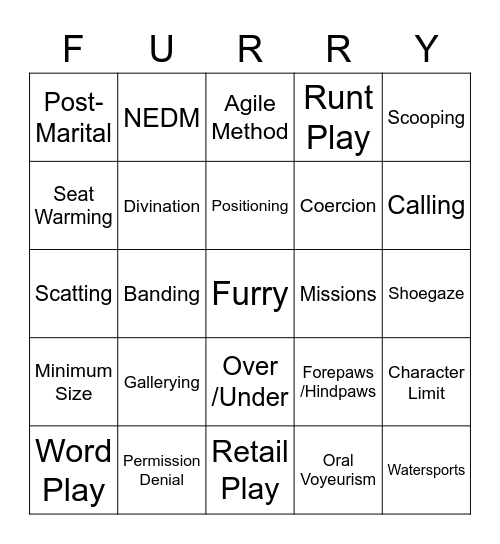 Furry Kink Bingo Card