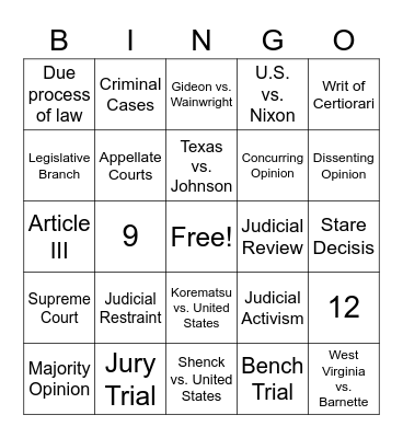 Judicial Branch Review Bingo Card