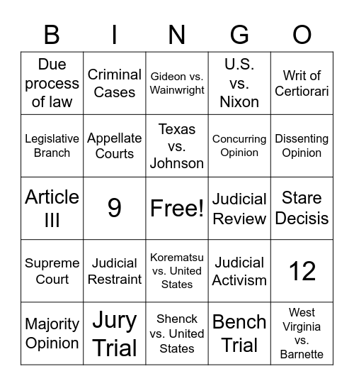 Judicial Branch Review Bingo Card