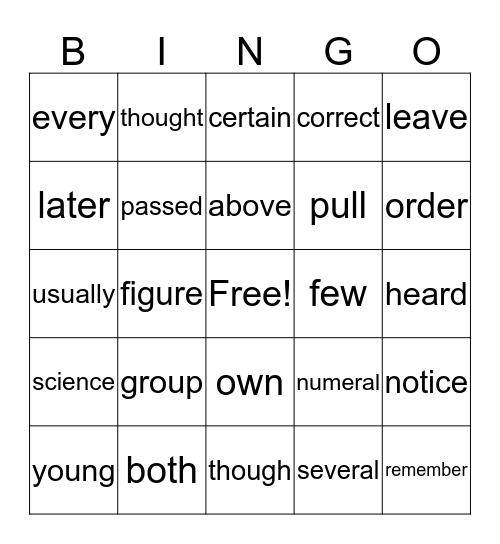 Fry Word Bingo Card